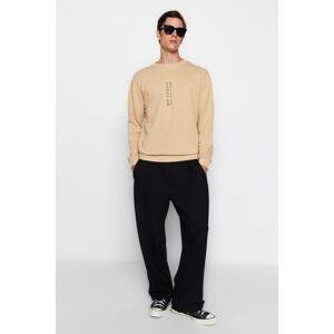 Trendyol Dark Beige Men's Relaxed/Comfortable Cut Far East Printed Cotton Sweatshirt
