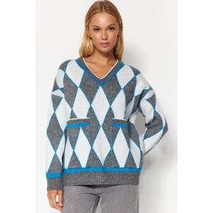 Trendyol Anthracite Wide fit vzorovaný pletený sveter