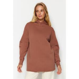 Trendyol Camel Hooded Thick Knitted Sweatshirt with Fleece/Charcoon
