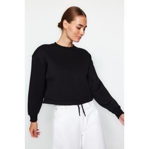 Trendyol Black Thick Fleece Inner Shirred Crew Neck Relaxed Cut Crop Knitted Sweatshirt