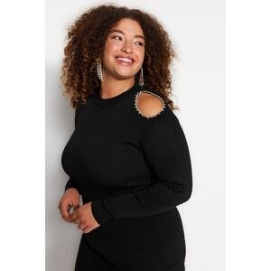 Trendyol Curve Black Stand Up Collar Straight Bodycone Single Plate Knitwear Plus Size Blouse