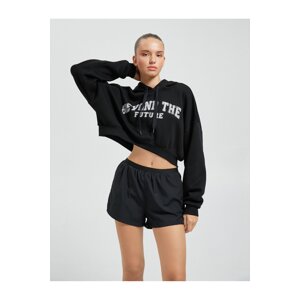 Koton Crop Sweatshirt Sports Slogan Embroidered Hoodie with Ribbed