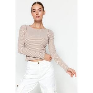 Trendyol Camel Striped and Ribbed Ribbed Fitted Stretchy Knitted Blouse