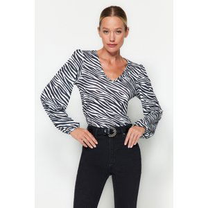 Trendyol Black Zebra Patterned V-Neck Balloon Sleeve Fitted Stretchy Knitted Blouse