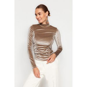 Trendyol Mink Draped Fitted High Collar Velvet Knitted Blouse