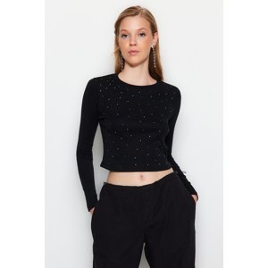 Trendyol Black Stone Detailed Crop Fitted Flexible Ribbed Knitted Blouse