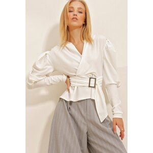 Trend Alaçatı Stili Women's White V-Neck Princess Sleeve Waist Belt Detailed Crepe Blouse