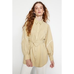 Trendyol Beige Belted Piping Detailed Balloon Sleeves Woven Cotton Shirt