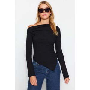 Trendyol Black Draped Boat Neck Asymmetrical Knitted Blouse