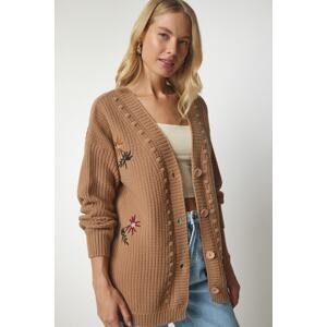 Happiness İstanbul Women's Biscuits Floral Embroidery Textured Knitwear Cardigan