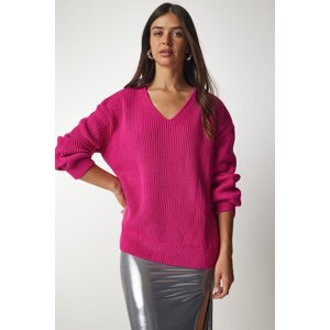 Happiness İstanbul Dámsky ružový výstrih do V oversize základný pletený sveter