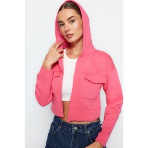 Trendyol Pink Casual Fit Crop Pocket Detailed Hoodie, Fleece Inner Knitted Sweatshirt
