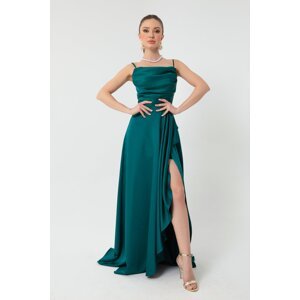 Lafaba Women's Green Ruffles and Slit Satin Evening & Prom Dress