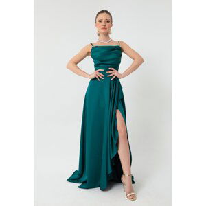 Lafaba Women's Green Flounce Slit Satin Evening Dress & Graduation Dress