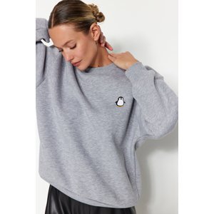 Trendyol Gray Animal Embroidered Regular/Normal Fit Fleece Inner Knitted Sweatshirt
