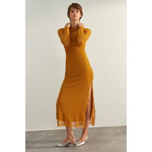 Trendyol Mustard Special Textured, Tulle Liner, Fitted Maxi Stand Collar, Flexible Knit Dress