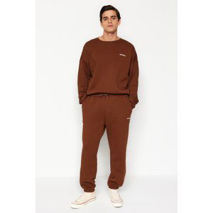 Trendyol Men's Dark Brown Tracksuit Oversize/Wide-Fit Text Printed Fleece Inside