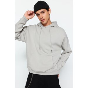 Trendyol Limited Edition Gray Oversize/Wide Cut Embroidered Fleece Hooded Sweatshirt