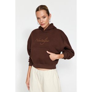 Trendyol Brown Stone Slogan Printed Crop Regular/Regular Fit Hooded Knitted Sweatshirt