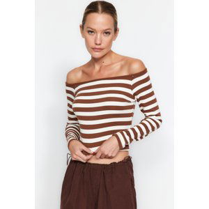 Trendyol Brown Soft Fabric Striped Carmen Collar Fitted/Slippery Knitted Blouse