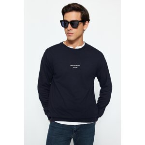 Trendyol Men's Navy Blue Regular Fit/Regular Fit Crew Neck Text Printed Cotton Sweatshirt