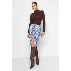 Trendyol Blue Double-breasted Closed Printed Knit Skirt