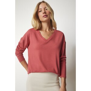 Happiness İstanbul Women's Dusty Rose V-Neck Knitwear Blouse
