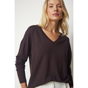 Happiness İstanbul Women's Dark Brown V Neck Knitwear Blouse