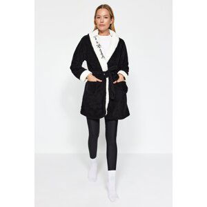 Trendyol Black Belted Pocket Slogan Embroidered Wellsoft Knitted Dressing Gown