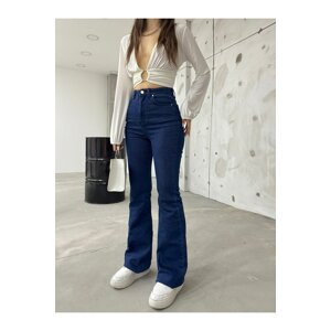 BİKELİFE Women's Navy Blue High Waist Stretchy Flare Leg Jeans