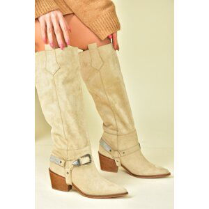 Fox Shoes Beige Suede Low Heeled Cowboy Model Boots