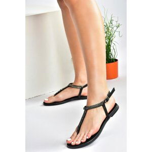 Fox Shoes Black Stone Detailed Flip-Flops Sandals