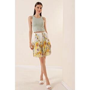 By Saygı Large Floral Patterned Short Chiffon Skirt Yellow With Elastic Waist Lined