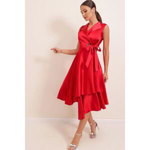 By Saygı Double Breasted Neck Lace-Up Satin Dress