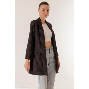 By Saygı Lycra Longitudinal Striped Long Jacket with Shawl Collar Fake Pocket