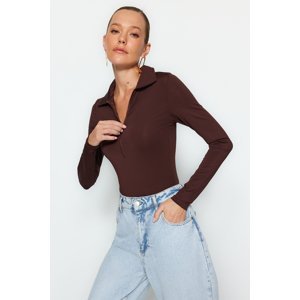 Trendyol Brown Zipper Collar Detail, Snap Snaps at the Bottom, Flexible Knitted Knit Body