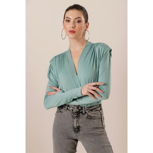 By Saygı Double-breasted Collar Shoulder Pleats Padded Snap Snap Blouse Mint