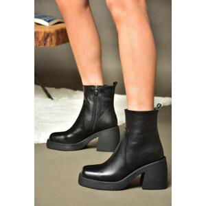 Fox Shoes R654006903 Black Genuine Leather Women's Boots with Thick Heels