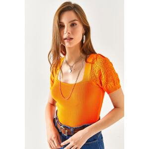 Olalook Women's Orange Sleeve Openwork Short Sleeve Ribbed Knitwear Blouse