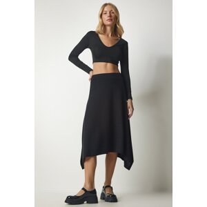 Happiness İstanbul Women's Black Asymmetrical Cut Corduroy Knitted Skirt