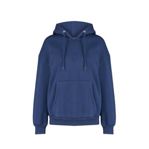 Trendyol Navy Blue Thick Fleece Hooded and Zippered Basic Oversized Knitted Sweatshirt