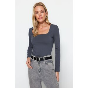 Trendyol Anthracite Cotton Square Neck Regular Fit Knitted Blouse