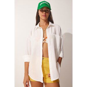 Happiness İstanbul Women's White Linen Blended Oversize Shirt