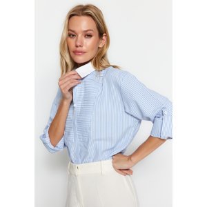 Trendyol Blue Striped Rib Detailed Woven Shirt with Roll-Up Sleeve Detail