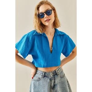 XHAN Blue Textured Crop Top with Accessory Detail