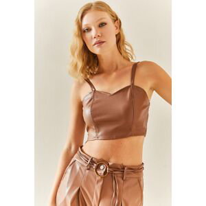 XHAN Brown Heart Collar Leather Crop Blouse