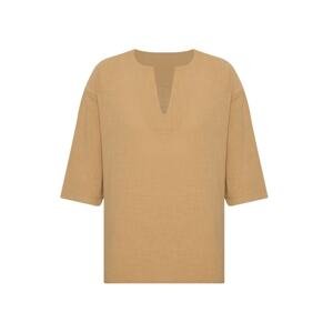 XHAN Tan V-Neck Poor Sleeves, Oversized Linen Shirt 2x1x2-45964-30