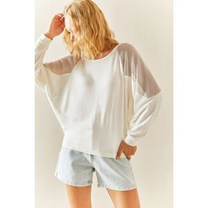 XHAN White Crew Neck Mesh Detailed Blouse