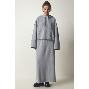 Happiness İstanbul Women's Gray Hooded Knitted Sweatshirt and Skirt Set