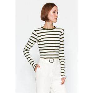 Trendyol Khaki Striped Premium Viscose Soft Fabric Fitted Crop Stretchy Knitted Blouse